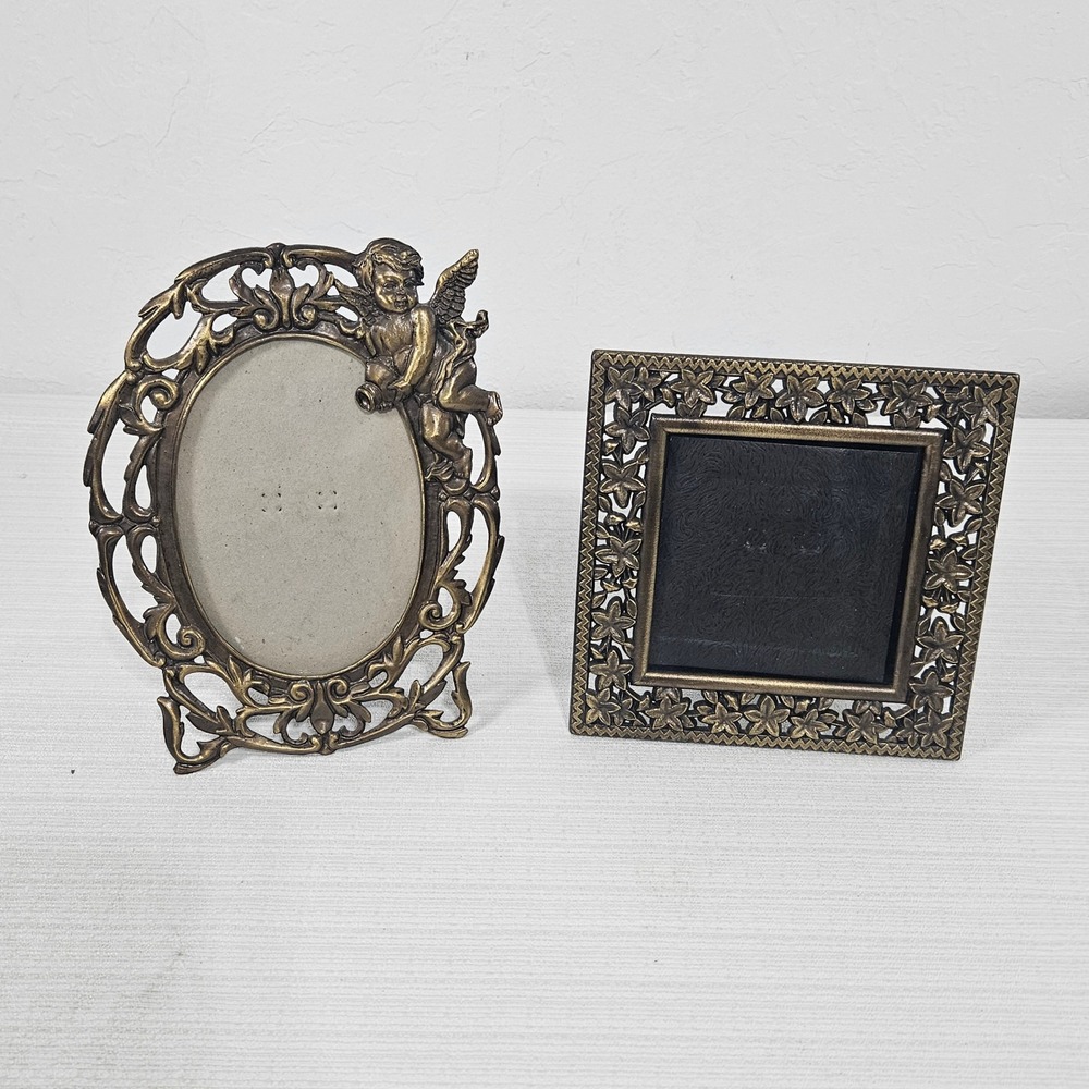 Vintage Ornate Bronze Tone Picture Frame Set Cherub Angel & Floral Scrollwork